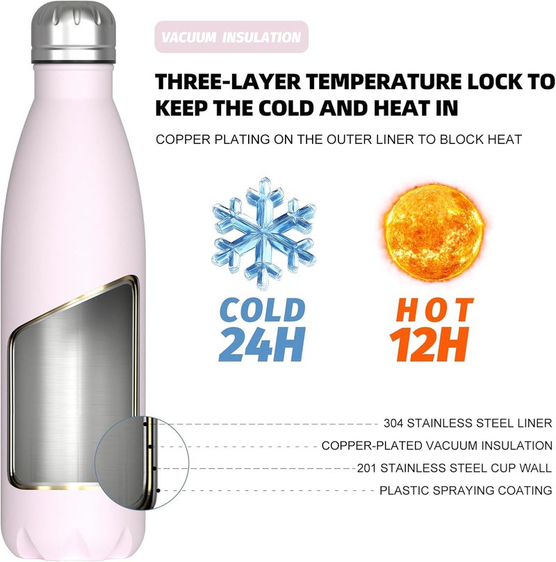 WATERSY Stainless Steel water bottles,17oz/500ml Insulated Water Bottles,Pink metal water bottle Keeps Drink Cold and Hot,BPA Free kids water bottles for School,Gym,Travel,Sports - Image 2